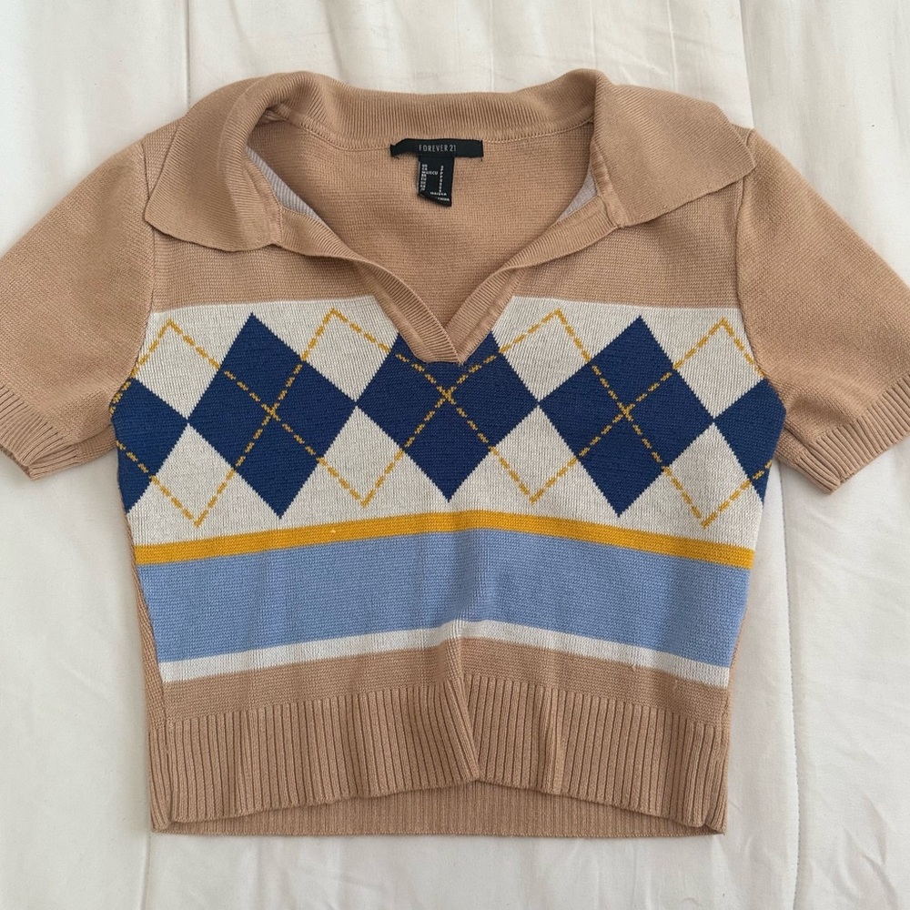Forever 21 Tan Knit Polo with Argyle Design